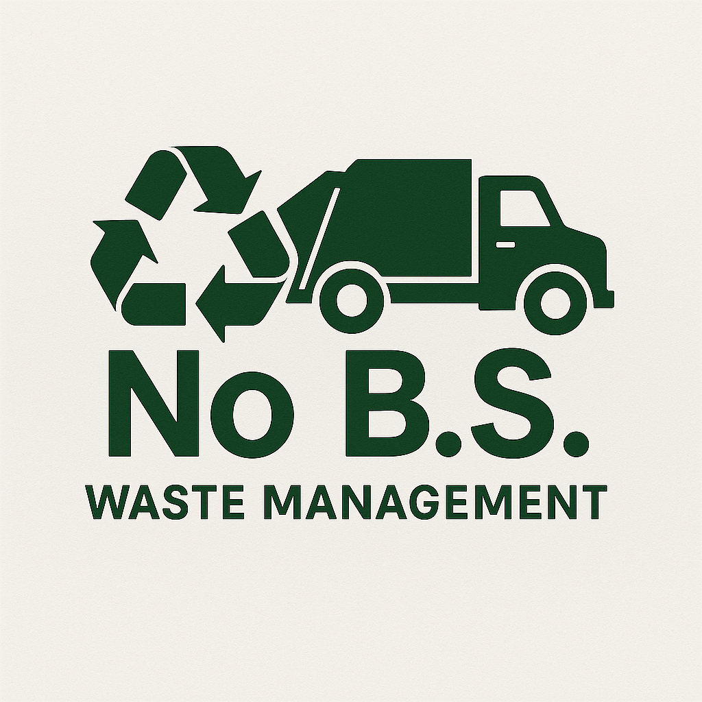 No B.S. Waste Management logo with recycling symbol and garbage truck in green